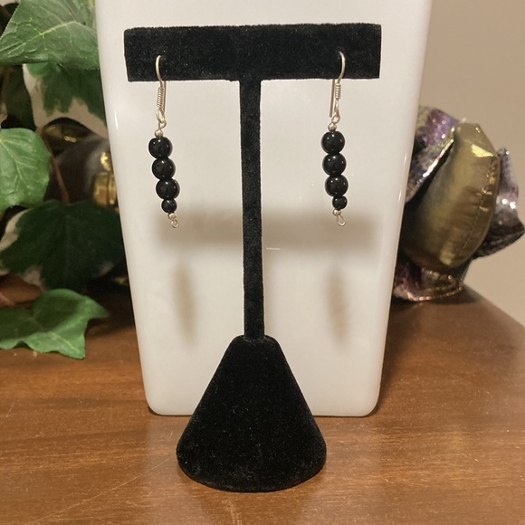 NWOT - Black Onyx Triple Ball Beaded Long Drop Style Mexican Silver Earrings - Picture 4 of 9